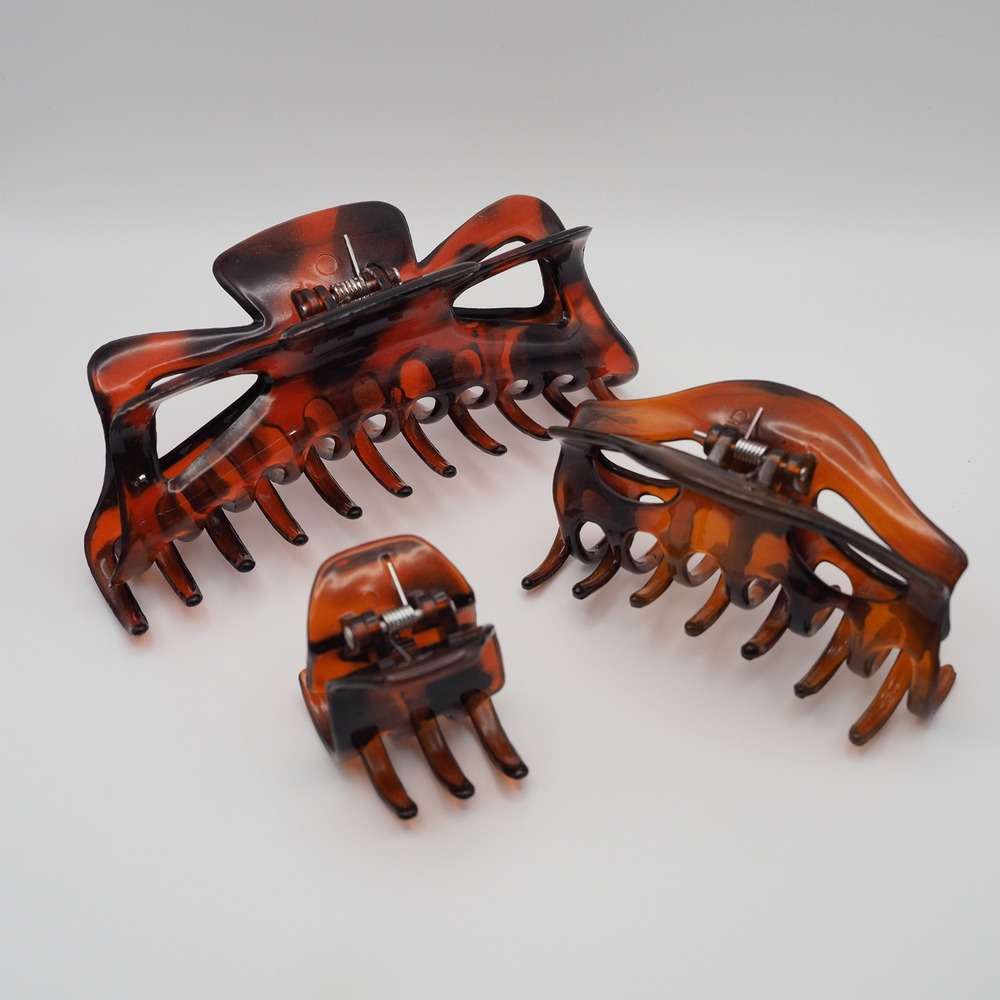 Vintage Claw Hair Clips Plastic Tortoise Shell Brown Set 3 Sizes Clamp Jaw Grip